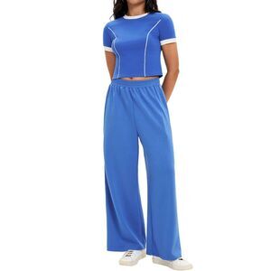 2 Piece Sets Crop Tops Wide Leg Pants Sets Matching Sweatsuit Royal Blue